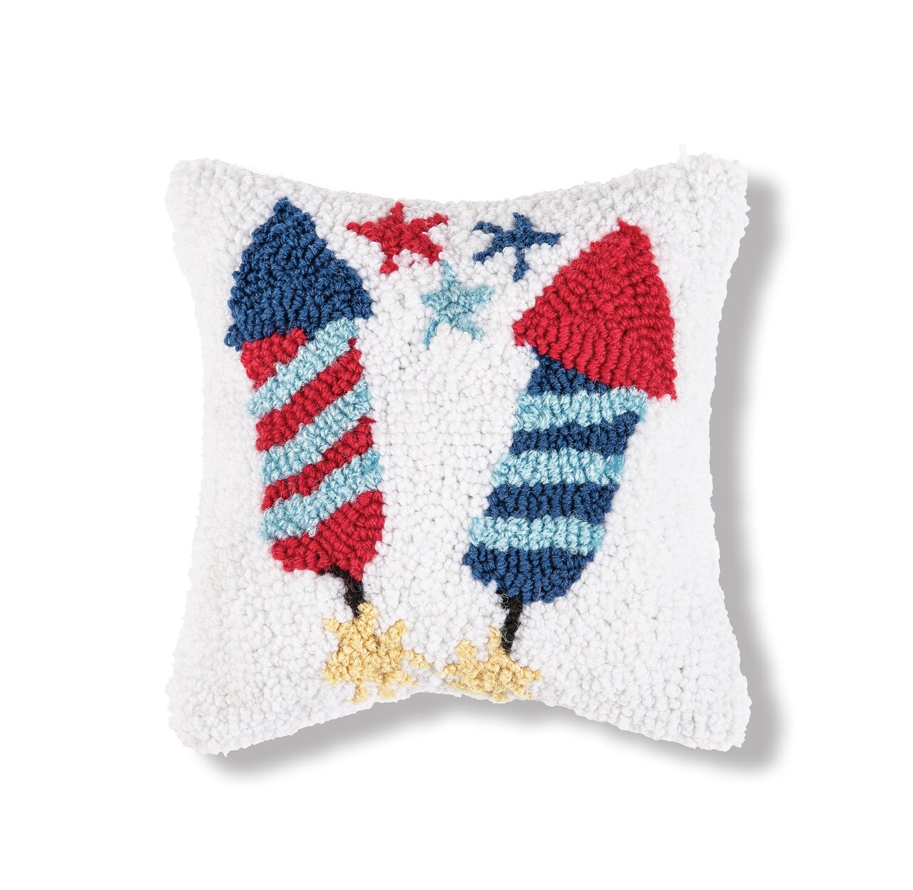 Patriotic Stars & Rocket Fireworks Hooked Mini Accent Pillow, 8" x 8"